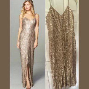 Amsale Samantha Spaghetti Strap V Neck Gold Sequin Dres BHLDN size 14 Bridesmaid